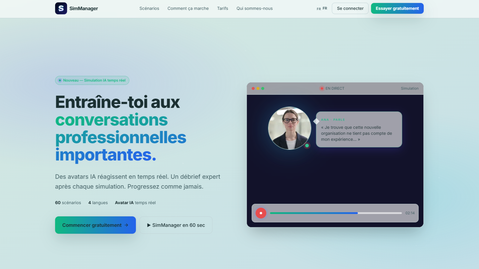 Interface SimManager montrant une simulation managériale avec un interlocuteur IA en temps réel