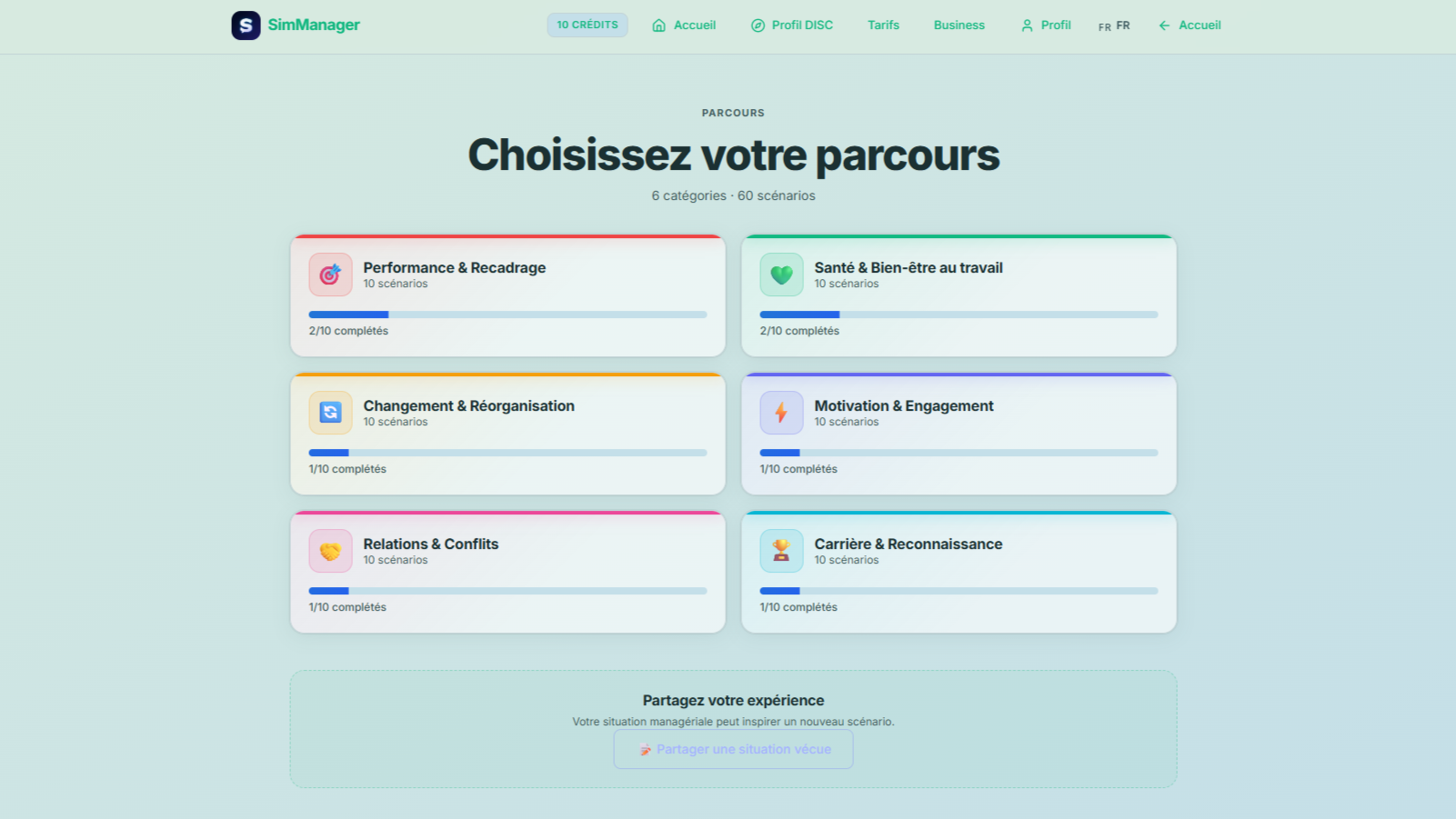 Parcours de formation SimManager avec six catégories de situations managériales